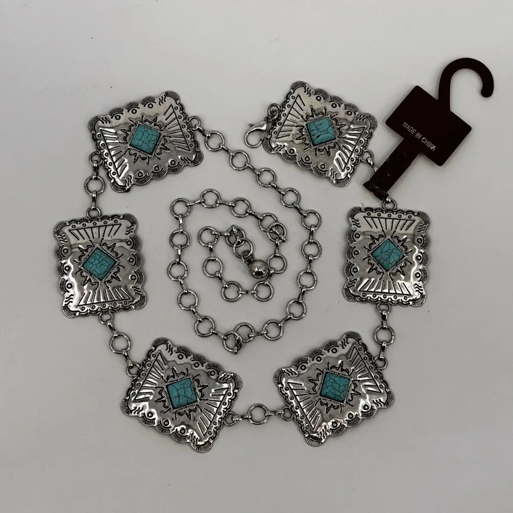 Austin West Concho Chain Belt Women M/L Silver Turquoise Western Boho Adjustable
